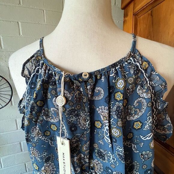 Max Studio maxi dress floral shirred waist ruffle flutter sleeves size L - Picture 6 of 12